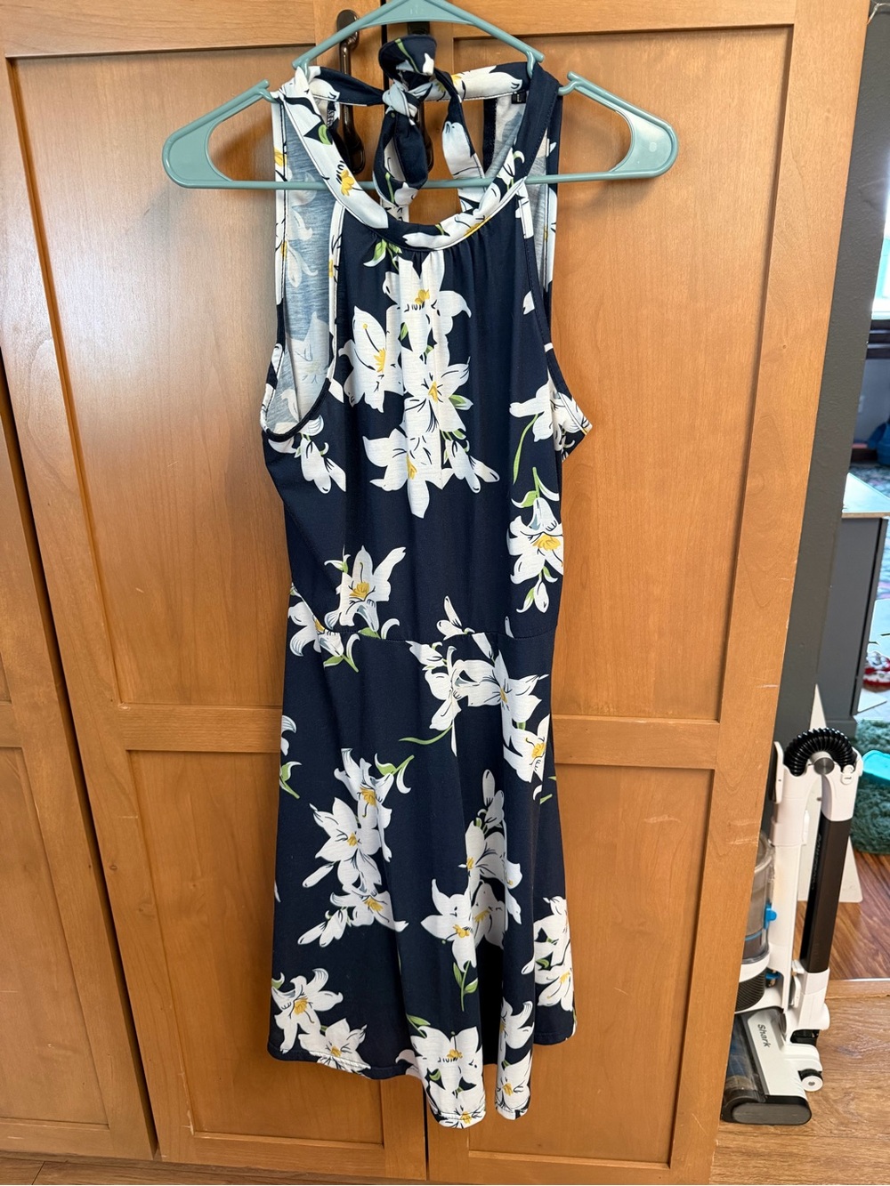 SHEIN Navy Halter Midi Dress with White Lily Print